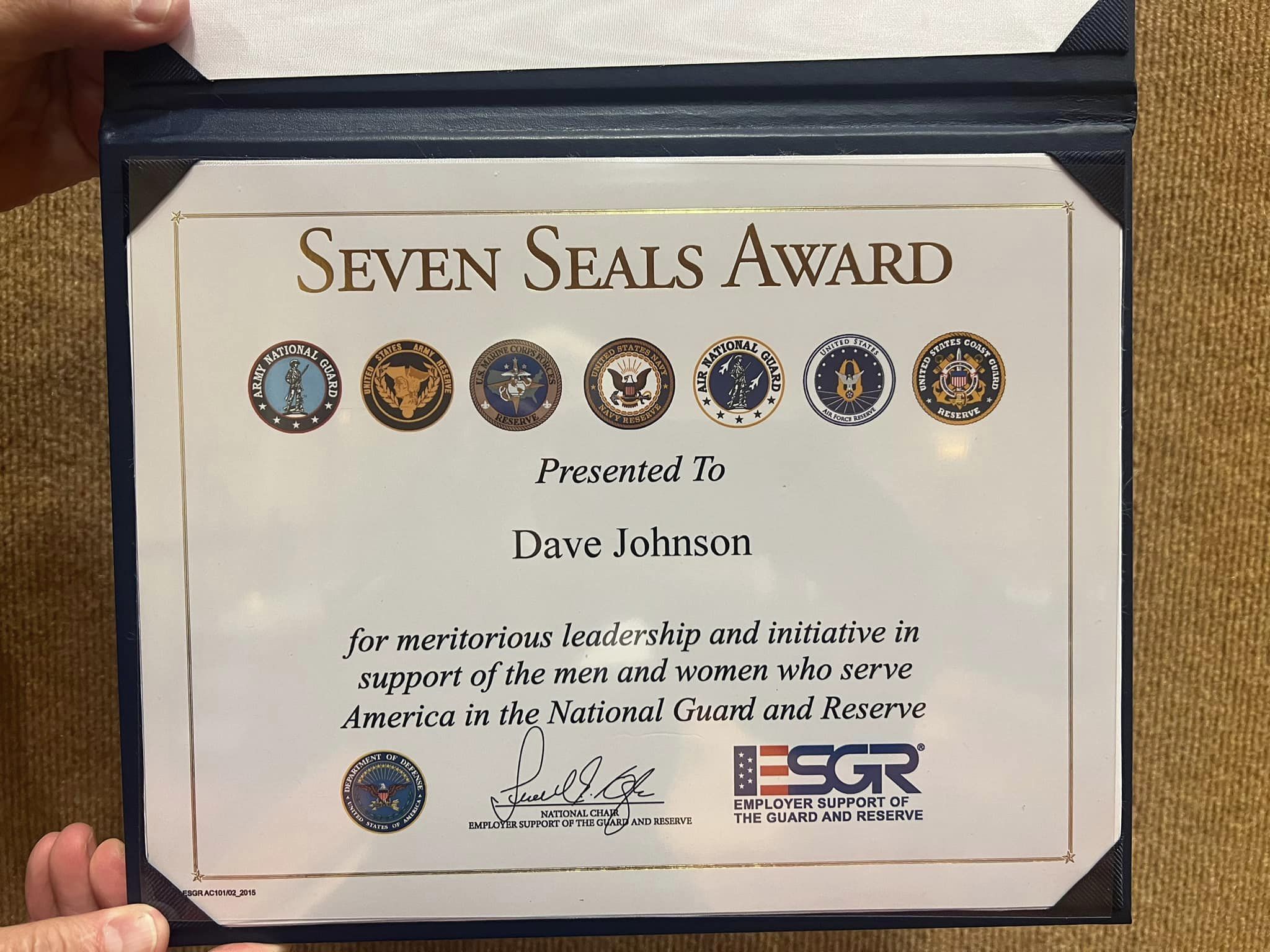 Dave Johnson Recognized with ESGR's Seven Seals Award